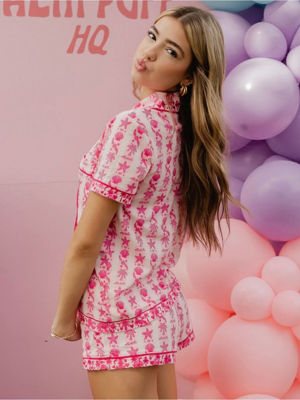 Pink Palm Puff Pajamas in Blush Bay XS